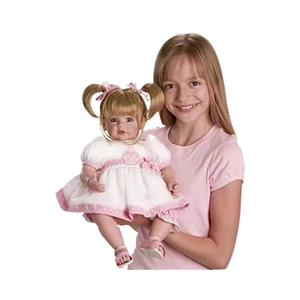 Cute 50cm lifelike baby doll in pink and white dress with golden pigtails and sandals