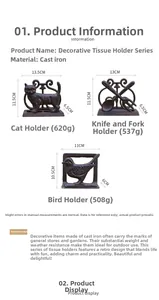 Size specifications for vintage cast iron napkin holders in cat, bird, and cutlery designs