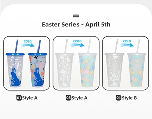 Detail showing Easter color changing cups with straw and lids during cold water test