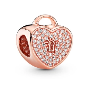Colgante candado de corazón en oro rosa con cristales pavé y cerradura para pulseras