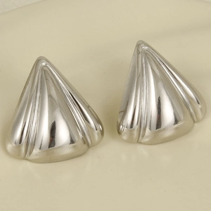 Detailed view of 304 stainless steel triangular earrings with pleated metal texture in silver