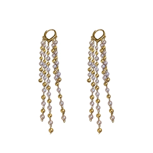 Elegant gold-tone long tassel drop earrings with light purple pearl beads for women