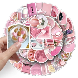 Detailed view of pink PVC waterproof stickers featuring cute lifestyle doodle patterns