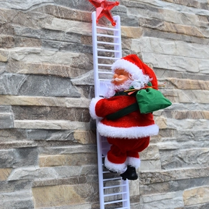 Detail of climbing Santa Claus on a white ladder with a red star and green gift bag