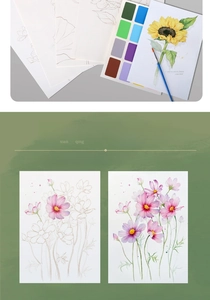 Detail of watercolor coloring book with floral outlines, pigments and a blue brush