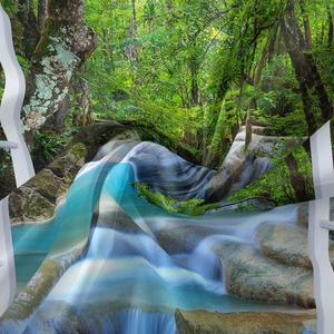 Detailed texture of bohemian forest tapestry with flowing waterfall and lush greenery scenery