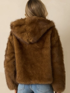 Women's brown faux fur hooded jacket with soft plush texture and stylish back view design