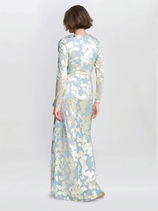 Elegant long-sleeve light blue cheongsam maxi dress with golden floral jacquard patterns