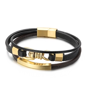 Men's punk multilayer leather bracelet with gold stainless steel magnetic clasp