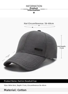 Detailansicht der dunkelgrauen Baumwoll-Basecap mit Maßangaben und Metall-Logo