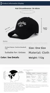 Size chart for unisex baseball cap with 56-60cm circumference and measurement guide