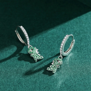 S925 silver dinosaur hoop earrings with green zircon pendants and sparkling stones