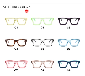 Matrix view showing nine colorful TR90 square frame glasses for women in a flat lay display