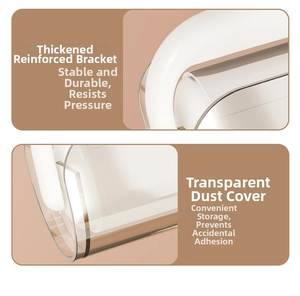 Detail of reinforced white handle and transparent dust cover for the lint roller