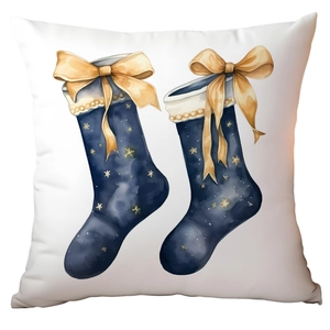 Christmas pillowcase with vintage watercolor blue stocking and gold bow print on white