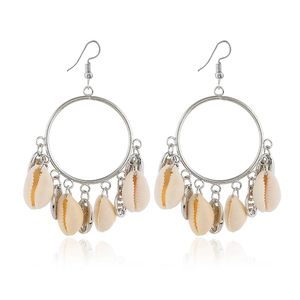 Silver hoop earrings with natural hanging seashells on a clean white background
