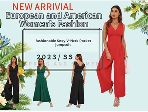 Detail view of stylish sleeveless V-neck jumpsuits with pockets in red, black and green