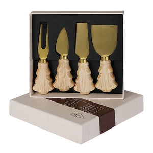 4-piece stainless steel cheese knife set with Christmas tree shaped wooden handles