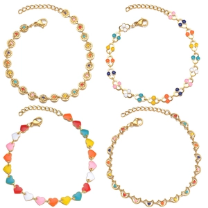 Gold-plated stainless steel chain bracelets with colorful enamel charms in four unique styles