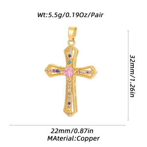 Golden cross pendant with colorful zircon stones in copper material for women
