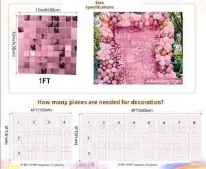 Size guide for pink shimmer wall panels showing 30x30cm dimensions and setup plans