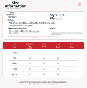 Detailed size guide for yoga sports bra showing chest and waist measurements and fabric specs