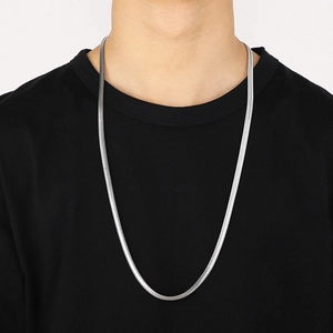 Detailed view of silver flat snake chain necklace on model for sleek metallic texture