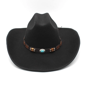 Black western cowboy wool felt hat with wide brim, leather band and turquoise stone detail