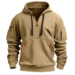 Men's khaki tactical hoodie with multi-pocket design and front zipper detailing