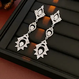 Luxury Water Drop Dangle Earrings Hollow Geometric Rhinestone Alloy With Silver Earring Post For Women Evening Party Elegant