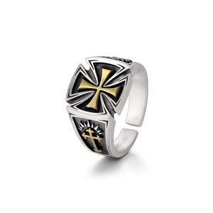 Retro men's silver open ring with golden Maltese cross emblem and distressed finish