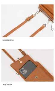 Detail of adjustable shoulder strap and front flap pocket on brown crossbody phone bag