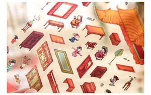 Close-up of Chinese style 3D stickers featuring traditional antique furniture and architecture