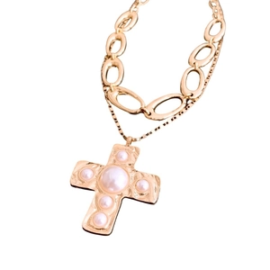 Double-layered gold necklace with a cross pendant featuring five white pearls on white background