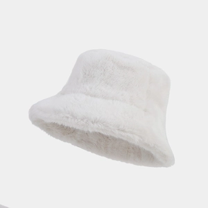 Detailed close-up showing soft plush texture and fluffy white faux fur bucket hat material
