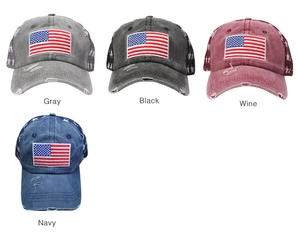 Detaillierte Stickerei der US-Flagge auf Vintage-Baseballkappen mit Used-Look-Schirm