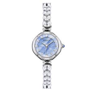 Macro detail of luxury watch with pearl and crystal strap and blue mother-of-pearl dial