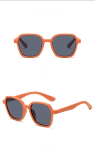 Front and side views of orange square frame kids sunglasses with grey lenses
