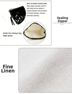 Detail of piano note printed linen makeup bag with anti-slip alloy zipper and large capacity