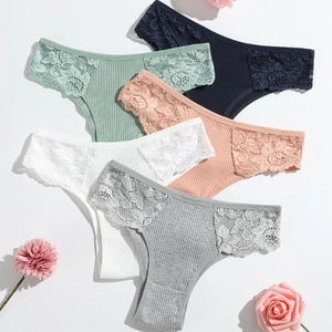 Lot de 5 culottes en coton côtelé pour femmes avec bordure dentelle, tons pastel