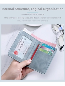 Inside view of a slim light blue card wallet with multiple slots and ID window