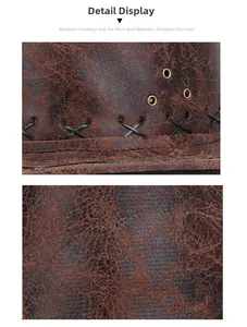 Detailed close-up of vintage brown cowboy hat texture with metal eyelets and cross stitching