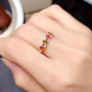 18K rose gold open ring with colorful tourmaline gemstones and sparkling diamond accents