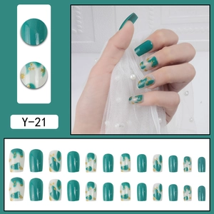 Dark green and marble pattern press-on nails with gold foil in square-oval shape
