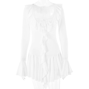 Fashionable white V-neck long sleeve dress with ruffles and tie details for women