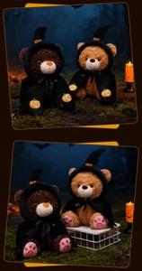 Close-up of Halloween teddy bears wearing wizard hats and pumpkin capes in a spooky forest