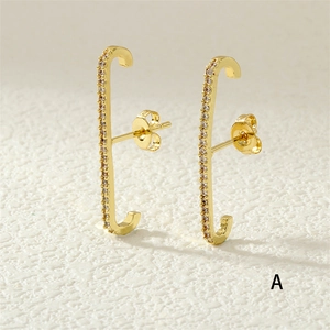 Elegant gold-plated J-shaped stud earrings with single row white zircon pavé setting