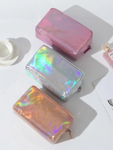 Three-piece laser holographic PU cosmetic bags in pink, silver and rose gold metallic