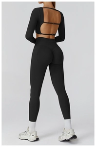 Detail of seamless yoga set featuring cutout open back top and scrunch butt leggings
