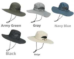 Detail showing five colors of quick-dry sun hats with mesh vents and chin straps